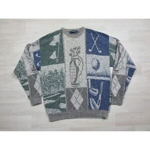 Vintage Men's Embroidered Golf Scene Knit Sweater Size (XL) Carmel Made in USA